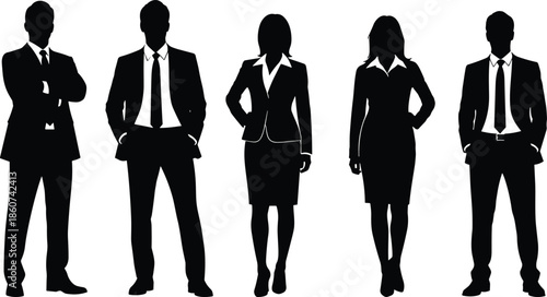 Black silhouettes of five business people standing white background
