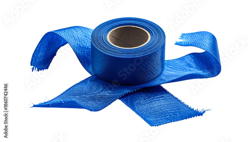 A vibrant blue roll of tape with an unraveling ribbon against a stark black background