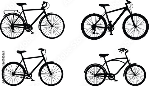 Black silhouettes of four bicycles on white background bike silhouettes black and white