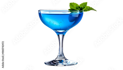Vibrant blue cocktail with a mint garnish, presented in a coupe glass against a dark background
