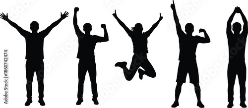 Black silhouettes of five people jumping with arms raised celebration