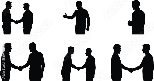 Black silhouettes of men shaking hands or greeting each other handshake