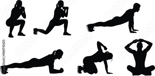 Black silhouettes of people doing various exercises fitness workout
