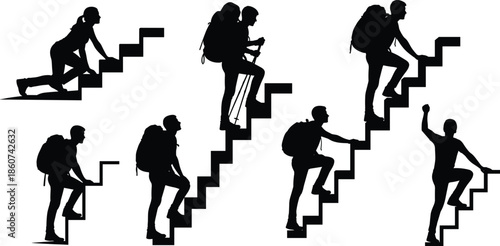 Black silhouettes of people climbing stairs with backpacks