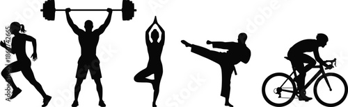 Black silhouettes of people exercising and playing sports fitness exercise