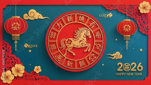 festive chinese new year 2026 year of the horse illustration with golden horse, red lanterns, plum blossoms , happy new year text