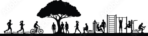 Black silhouettes of people exercising outdoors and on fitness equipment exercise