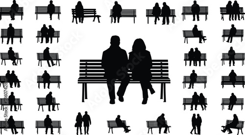 Black silhouettes of people sitting on benches
