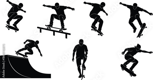 Black silhouettes of skateboarders performing tricks white background