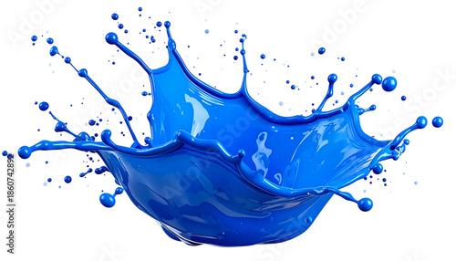 Vivid, glossy blue paint splash erupts from a central point against a black background