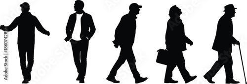 Black silhouettes of people walking in different poses white background