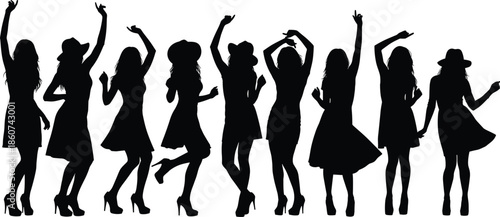 Black silhouettes of women dancing in dresses and heels