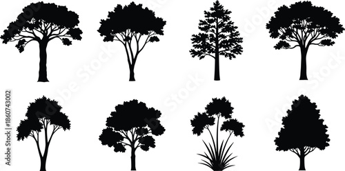 Black silhouettes of various trees on white background