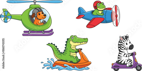 Cartoon animals riding vehicles helicopter