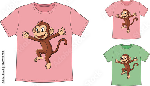 Cartoon monkey on pink and green t shirts