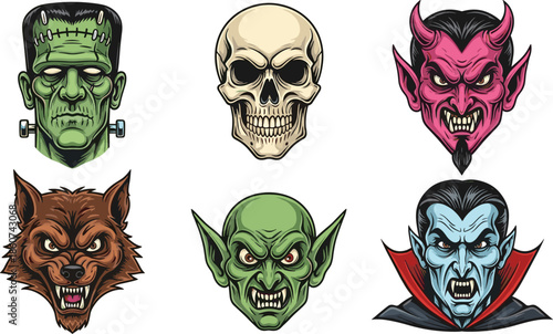 Cartoon monster heads including Frankenstein's monster skull devil werewolf goblin vampire
