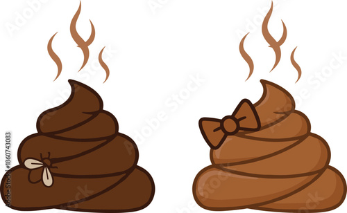 Cartoon poop piles with fly and bow feces brown steaming
