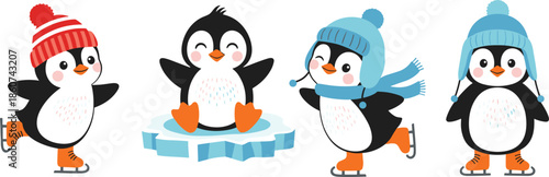 Four cartoon penguins ice skating wearing hats and skates