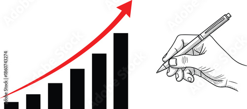 Hand rising red arrow on bar graph with pen growth
