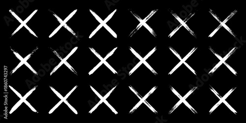 Grunge crosses, brush strokes, x mark, lines, ink smudges, hand-drawn scribble shapes. Handmade sketchy marks, acrylic stains, charcoal streaks. Paint textures, dry brush effect. Vector illustration