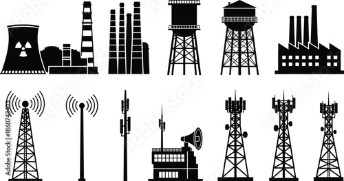 Industrial and communication towers silhouettes factories