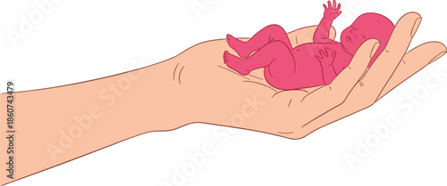 Newborn baby in a hand pink cartoon