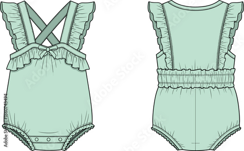 Mint green baby romper with ruffles and crisscross straps onesie