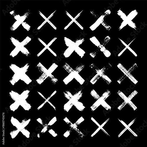 Grunge crosses, brush strokes, x mark, lines, ink smudges, hand-drawn scribble shapes. Handmade sketchy marks, acrylic stains, charcoal streaks. Paint textures, dry brush effect. Vector illustration