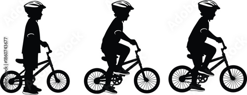 Silhouette of a boy riding a bike in three stages bicycle cycling