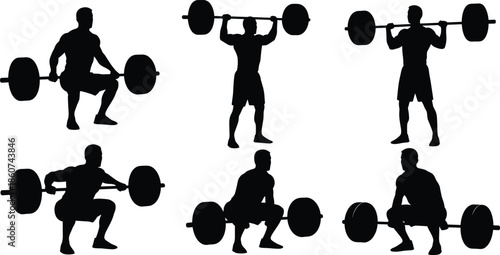 Silhouettes of men lifting weights in various positions weightlifting exercise fitness
