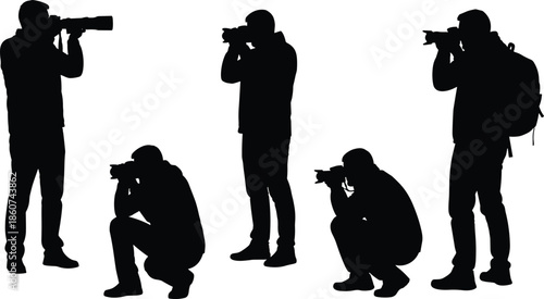 Silhouettes of photographers in various poses with cameras black white background