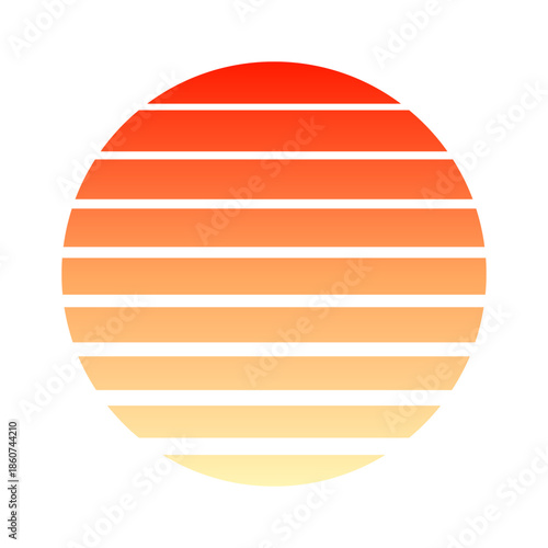 Vintage colorful sunset. Striped gradient sunrise badge in 80s and 90s style. Sun and ocean view, summer vibes, surfing. Design element for print, logo or t-shirt. Vector illustration