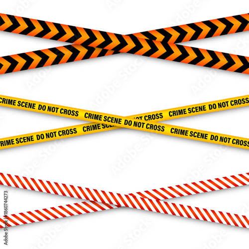 Barricade construction tape. Colorful police warning line, brightly colored danger or hazard stripe, ribbon. Restricted area, zone. Attention symbol. Vector illustration