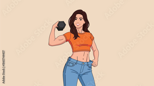 Fit Woman Showing Weight Loss Success and Arm Muscle with Dumbbell Illustration