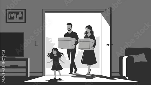 Happy Family Moving Into New Home with Boxes Real Estate Concept Illustration
