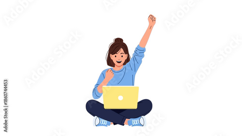 Excited Young Woman Celebrating Success Working on Laptop with Raised Fist