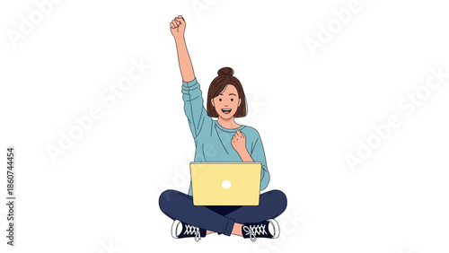 Excited Young Woman Celebrating Success Working on Laptop Isolated on White Background