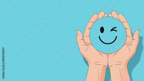 Caring Hands Holding a Winking Blue Smiley Face for Positive Vibes and Mental Health Awareness