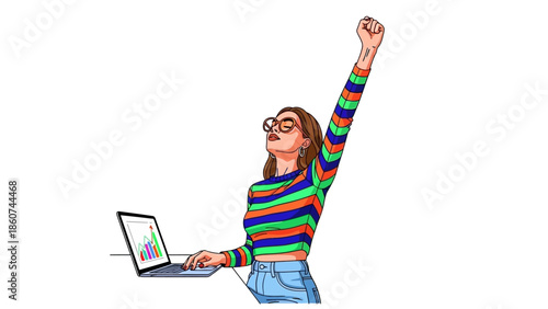 Successful Young Woman Celebrating Victory and Achievement While Working on Laptop