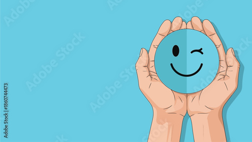 Caring Hands Holding Winking Happy Face Icon on Blue Background with Copy Space