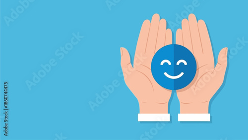 Caring Hands Holding Blue Happy Smiley Face Icon for Customer Satisfaction and Mental Wellness Concept