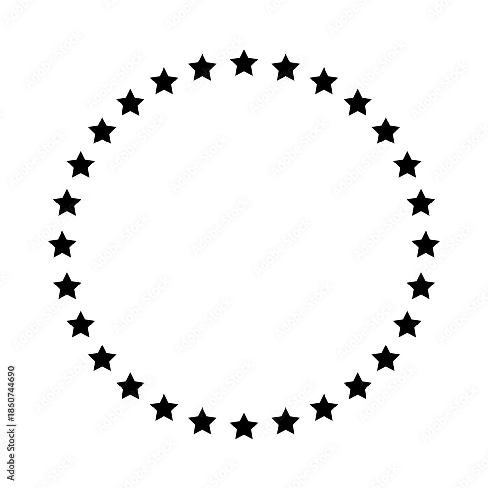 Fototapeta premium Stars of various sizes arranged in a circle. Round frame, border. Black star outline, simple symbol. Design element, ornament. Line art. Vector illustration