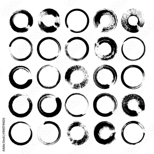 Grunge circles, brush strokes, lines, ink smudges, hand-drawn scribble shapes. Handmade sketchy marks, acrylic stains, charcoal streaks. Paint textures, dry brush effect. Vector illustration