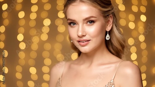 Glamorous blonde woman in evening makeup with bokeh lights
