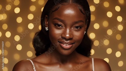 Glamorous African American woman with golden bokeh lights
