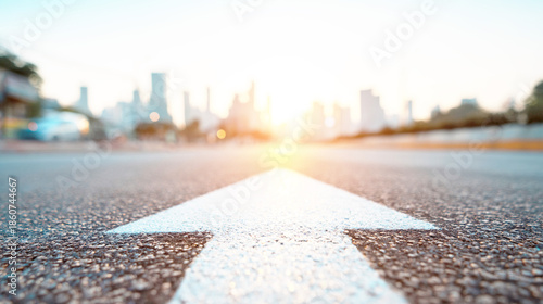 スカイラインに向かって伸びる道路の白い矢印
