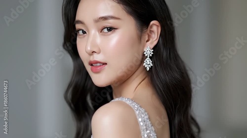 Elegant Asian bride beauty portrait with diamond earrings