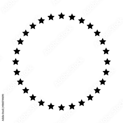 Stars of various sizes arranged in a circle. Round frame, border. Black star outline, simple symbol. Design element, ornament. Line art. Vector illustration