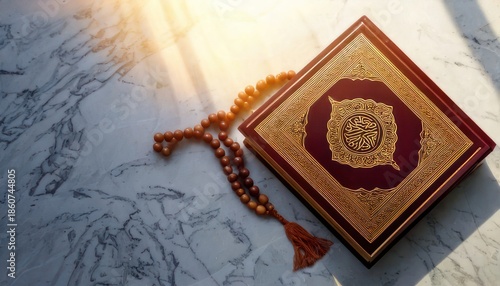 Quran and Prayer Beads on Map.