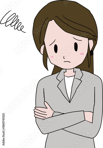 Worried businesswoman with crossed arms, simple flat illustration